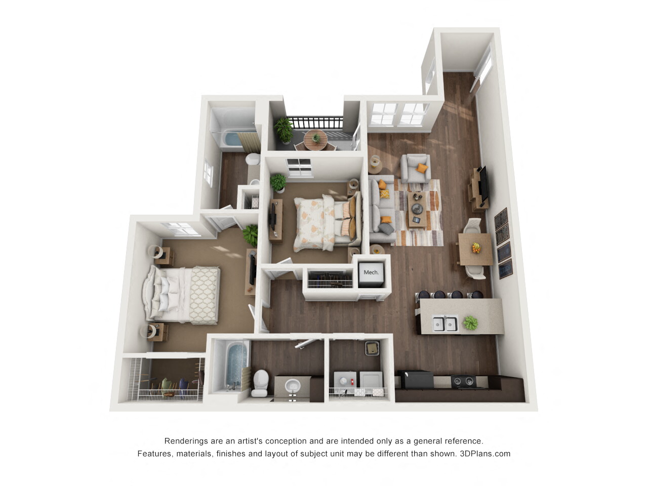 Floor plan for 2 beds, 2 baths, 1044 sqft